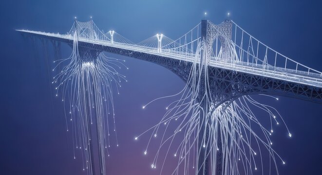 Futuristic bridge with glowing cables creates a modern cityscape design