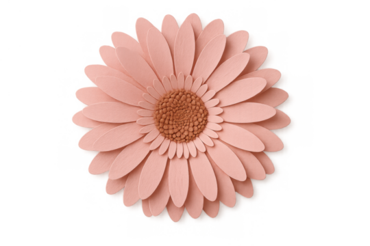 Paper gerbera daisy flower featuring blush pink layered petals and a textured brown center, on transparent background