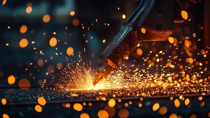 Dynamic metalworking with bright sparks flying in a dark workshop, perfect for industrial design or manufacturing concepts, demonstrating power and precision