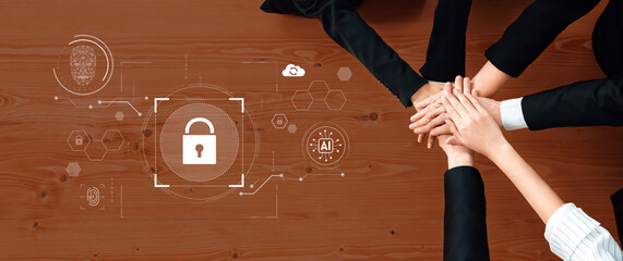 A diverse team collaborates on digital security solutions, highlighting partnership and innovation in a modern workspace. The focus is on data protection and technology advancement. Trope