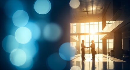 Silhouetted businessmen shake hands in a modern office with a bright sunset view, symbolizing success and partnership amidst a vibrant, dynamic atmosphere