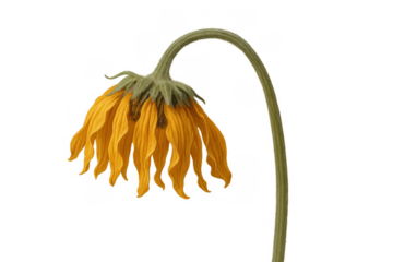 Wilting sunflower head drooping, reflecting concepts of sadness, aging, and decline in botany on transparent background