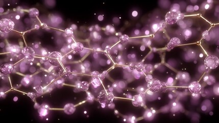 Abstract 3D rendering of a molecular structure with purple spheres and golden bonds