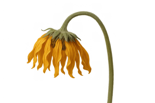 Wilting sunflower head drooping, reflecting concepts of sadness, aging, and decline in botany on transparent background