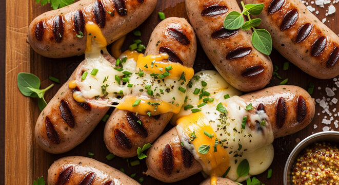 Delicious grilled sausages with melted cheese and herbs for summer barbecue party