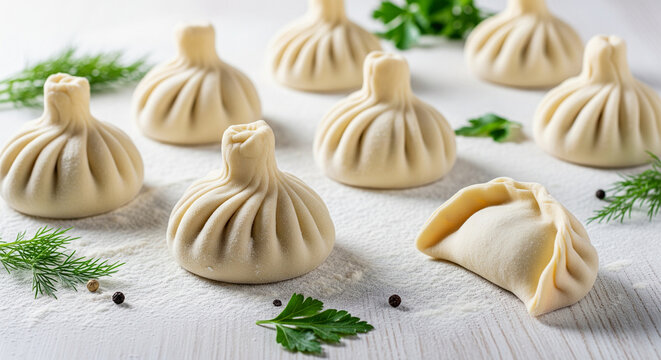 Delicious khinkali dumplings, traditional Georgian cuisine ready for steaming or frying