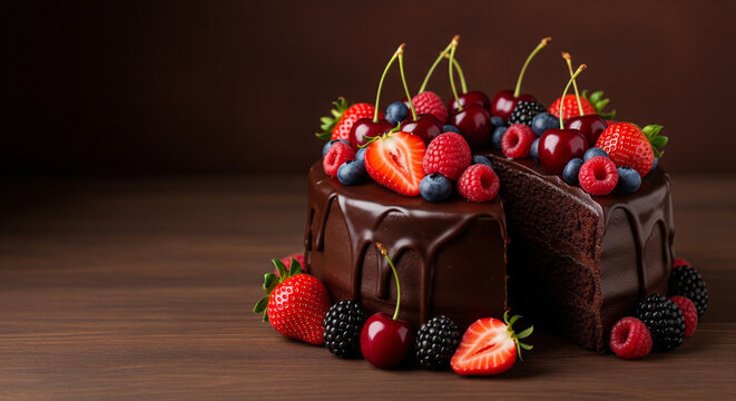 Delicious chocolate cake with fresh berries and cherries, a sweet celebration treat