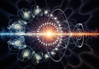 Dynamic soundwave visualization with pulsating energy core and speakers
