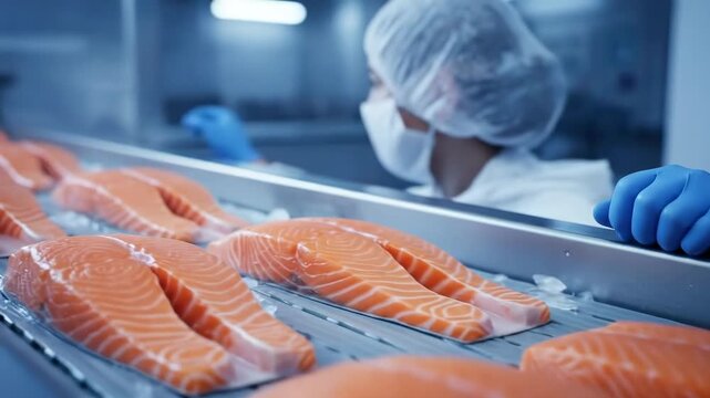 Food factory worker in protective gear inspecting fresh salmon fillets on conveyor belt ensuring quality control