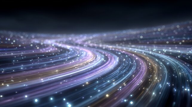 Abstract background with glowing trails of light and glittering bokeh effects