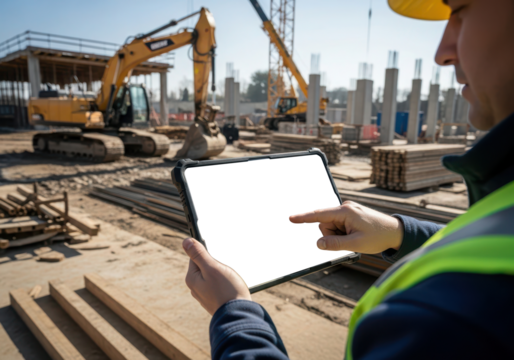 a tablet mock up on hand of engineer inspecting construction site plans on Modern tablet