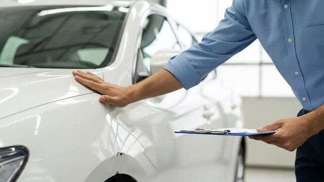 Car insurance adjuster or buyer inspecting white vehicle paint quality touching surface with hand and holding clipboard.