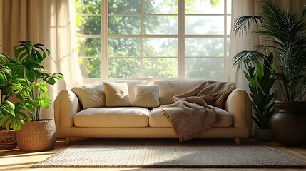 Inviting living room scene with a comfortable couch, warm blanket, and lush houseplants creating a relaxing and serene modern interior design space