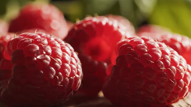 Close up of fresh red raspberries in natural light.