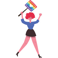 Woman With Pink Hair Holding Rainbow Pride Flag With Heart Symbol And Fist Raised In Celebration Of Equality And Pride Month