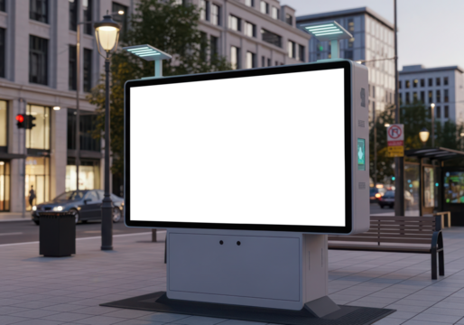 public space billboard with blank copy space screen for your advertising text message or promotional content, empty mock up, light box for information, stop shelter clear poster in urban city scene