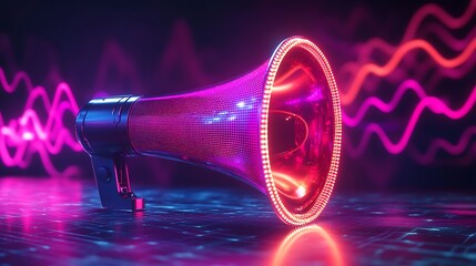 Dynamic announcement with a glowing megaphone on a futuristic grid, perfect for marketing, promotions, and creating a buzz with vibrant neon colors