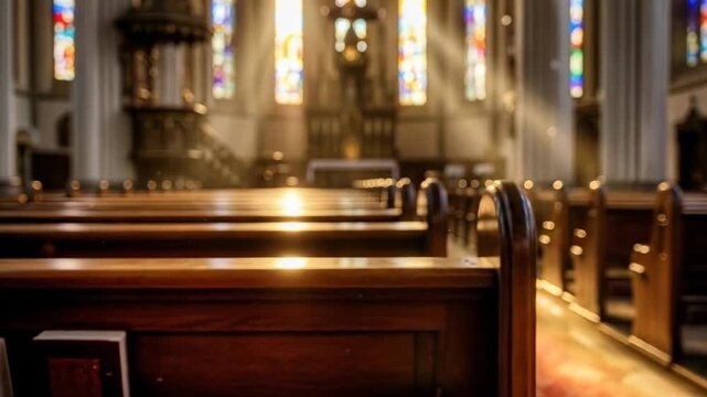 Sunlight beams streaming through stained glass windows into empty church illuminating wooden pews with divine light