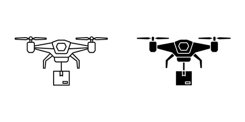 Drone delivery icon with a package, in outline and solid styles, isolated on