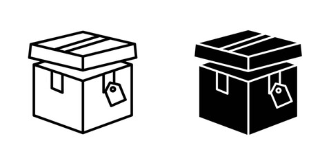 Open cardboard box with a price tag icon in outline and solid black styles for delivery and ecommerce