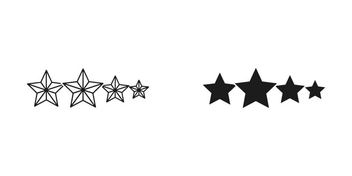 Four stars rating icon set in outline and solid black styles, isolated on