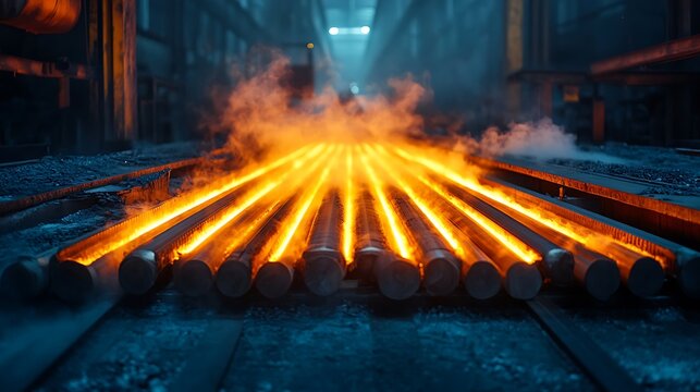 Molten metal glowing with intense heat in a steel mill, perfect for industrial and energy themes, showcasing power and manufacturing expertise