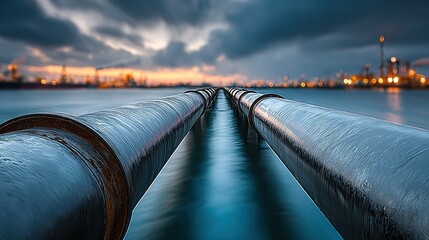 Two large pipes extend over water towards an industrial facility under a dramatic sky.