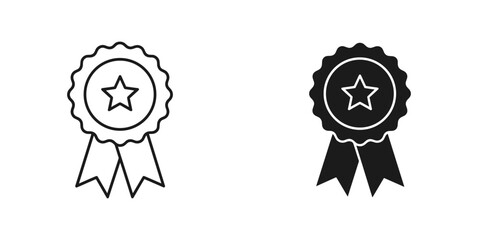 Award ribbon with star icon in outline and solid style, symbolizing quality and achievement, isolated on