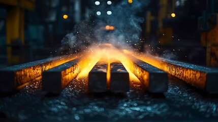 Hot steel bars glowing in a metalwork factory, showcasing industrial might and precision forging with a vibrant, powerful feel for manufacturing projects