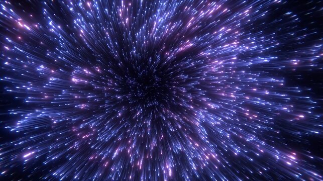 Abstract cosmic background with blue and purple light trails radiating outwards - Powered by Adobe