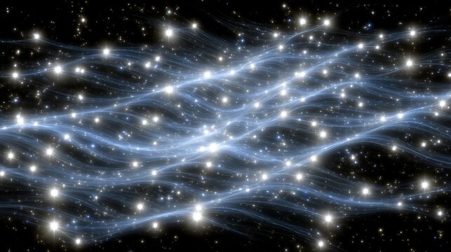 Abstract cosmic background with glowing light trails and shimmering particles across space, an