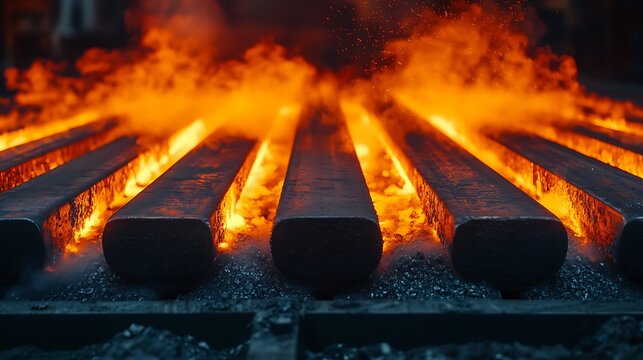 Stunning molten steel bars glowing with intense heat, showcasing strength, industry, and the power of metalworking in a vibrant, dynamic display - Powered by Adobe
