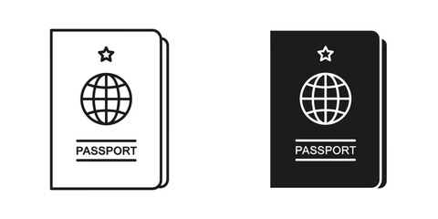 Passport icon set, outline and solid black, with globe and star, isolated on