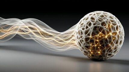 Glowing sphere with light trails on a gray surface against a dark background.