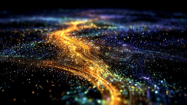 Abstract data stream visualization with flowing lines and glowing particles effect background