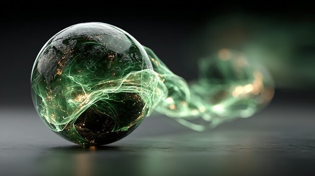 Glass sphere with green energy trail on dark surface abstract.