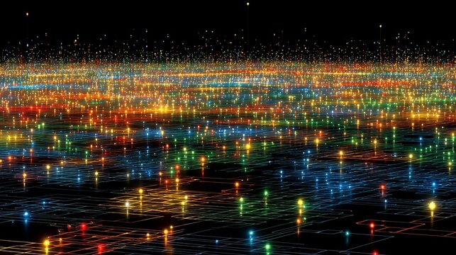 Abstract digital landscape with glowing lights and network connections creating a futuristic tech