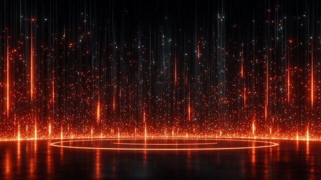 Abstract digital space with neon lights and falling particles, creating a futuristic and dynamic