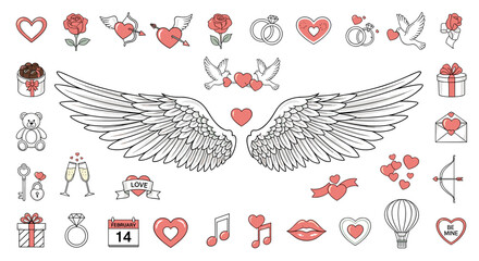 Valentine's day themed drawing featuring hearts, wings, roses, and love related elements design