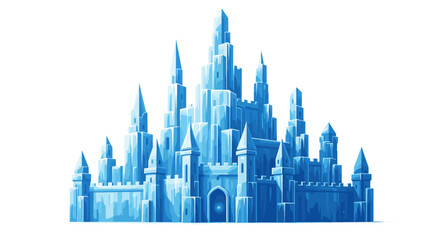 A majestic ice castle with tall spires and intricate details stands against a white background scene here