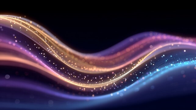 Abstract flowing light trails with sparkling particles against dark background