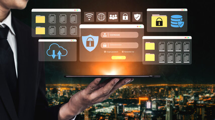 Secure login and file management interface with folder, password, and encryption icons for cybersecurity visualization Parse
