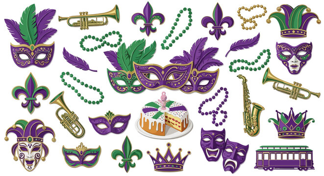 Illustration featuring mardi gras elements like masks beads fleur de lis and musical instruments galore