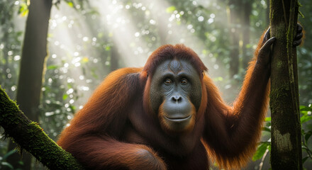 Naklejka premium Orangutan in Rainforest A Portrait of Wildlife in the Sunlight Amidst Lush Greenery and Foliage