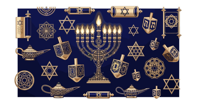 An ornate hanukkah menorah with dreidels stars of david scrolls and lamps on a dark blue background