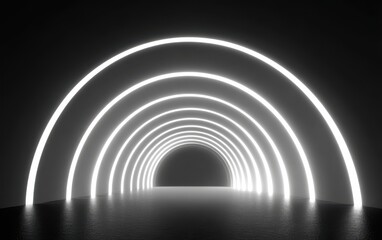Futuristic Neon Light Arches in Dark Tunnel Environment
