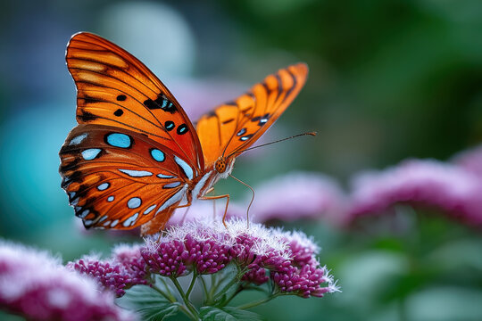 Orange butterfly with blue spots on pink flower