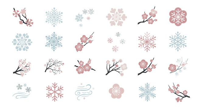 Assorted winter and spring themed floral and snowflake elements on a white background pattern design