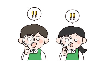 虫眼鏡で見るスーパーの店員イメージの男女イラスト