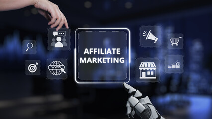 A close-up of a human hand and robotic hand interacting with a digital screen featuring affiliate marketing icons, showcasing the integration of technology and online strategies. Synapse